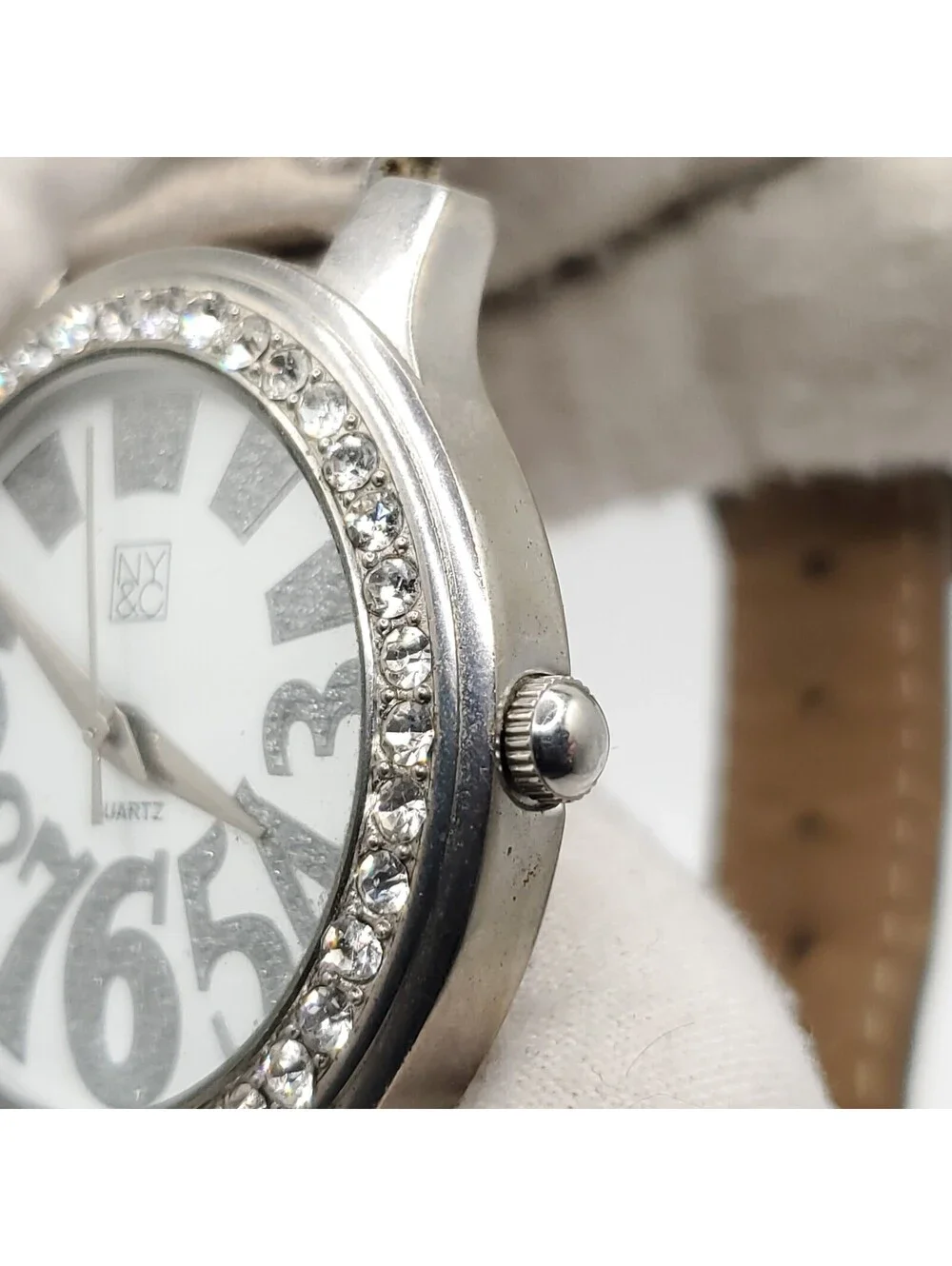 NY&C Quartz Watch Womens 40mm Silver Tone Rhinestone Bezel New Battery